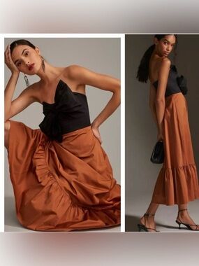 Hutch Two-Tone Black and Rust Midi Dress with Bow Detail